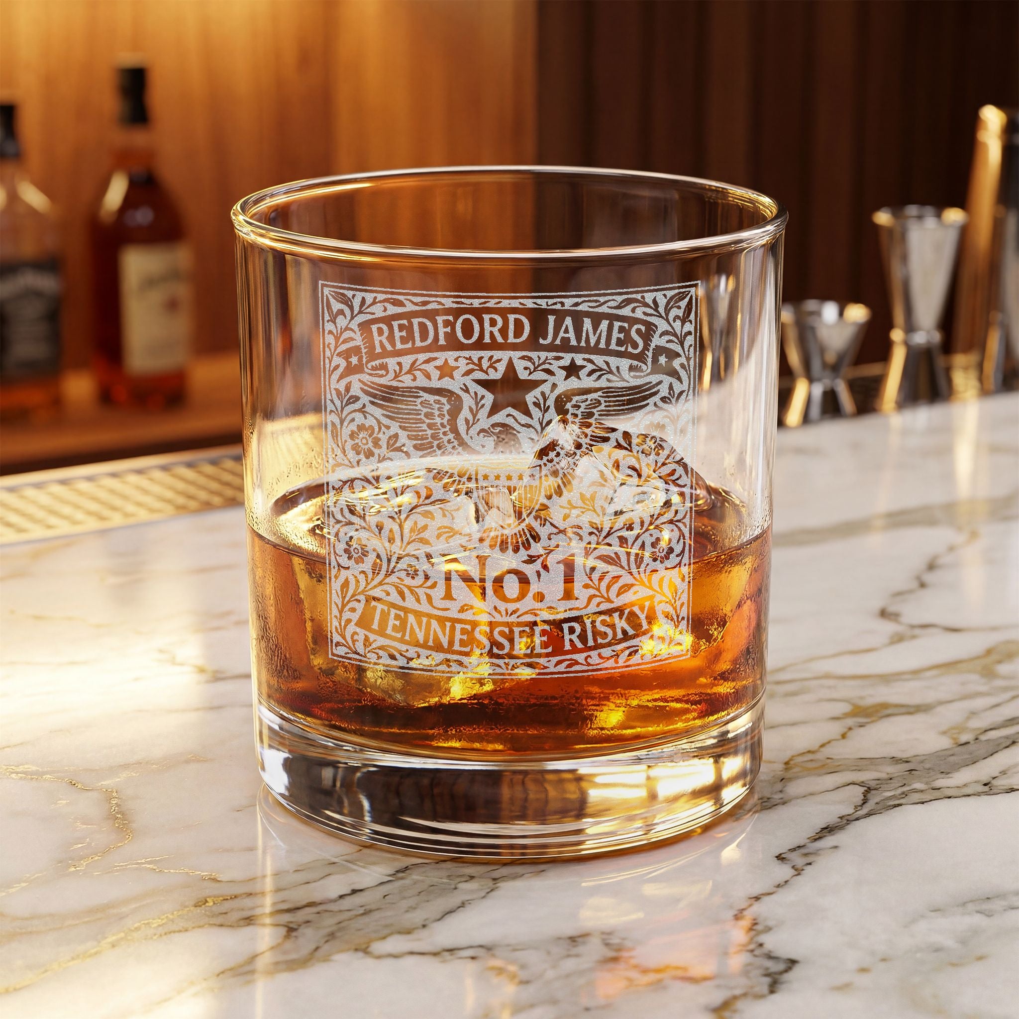 Tennessee Risky Engraved Whiskey Glass - Vintage 'Redford James No.1' Design 10.5oz