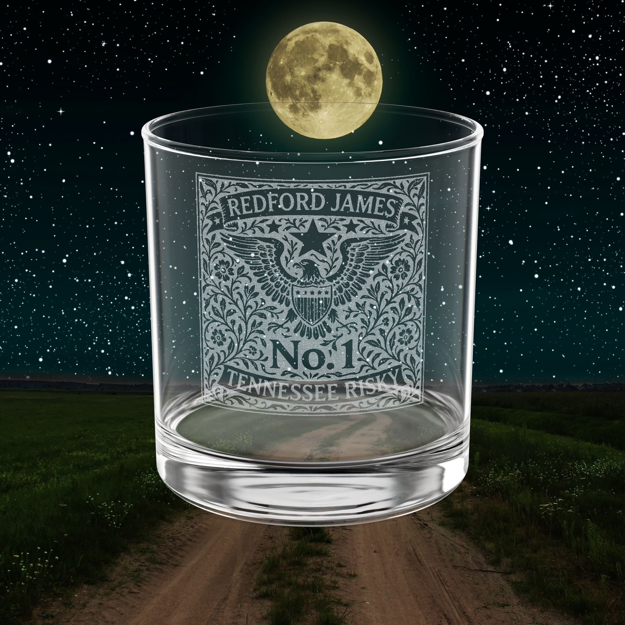 Tennessee Risky Engraved Whiskey Glass - Vintage 'Redford James No.1' Design 10.5oz